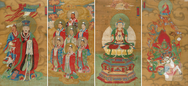 清·绢本 梓府帝君/东天七宿星君/日光菩萨/释迦文佛/水陆画四幅一组 镜片